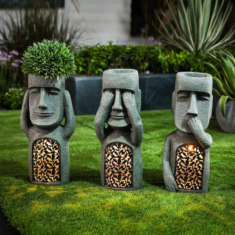 World Menagerie Rue See Hear Speak No Evil Easter Island 3 Piece Garden Solar Statues Set Reviews Wayfair